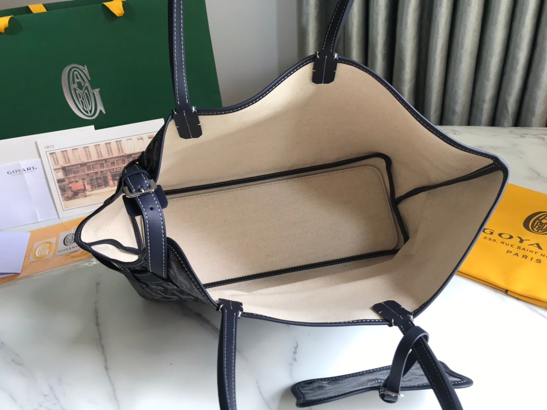 CHIEN GRIS BAG 33 IN NAVY BLUE GOYARDINE CANVAS AND TAN CALFSKIN TRIM
