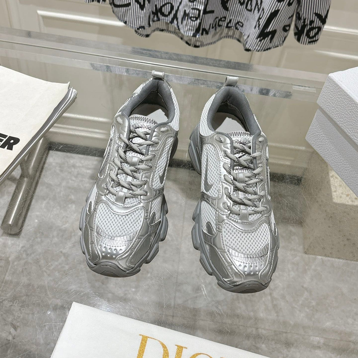 DIOR 25S CHRONO SNEAKER 45MM IN MESH WITH SILVER CALFSKIN