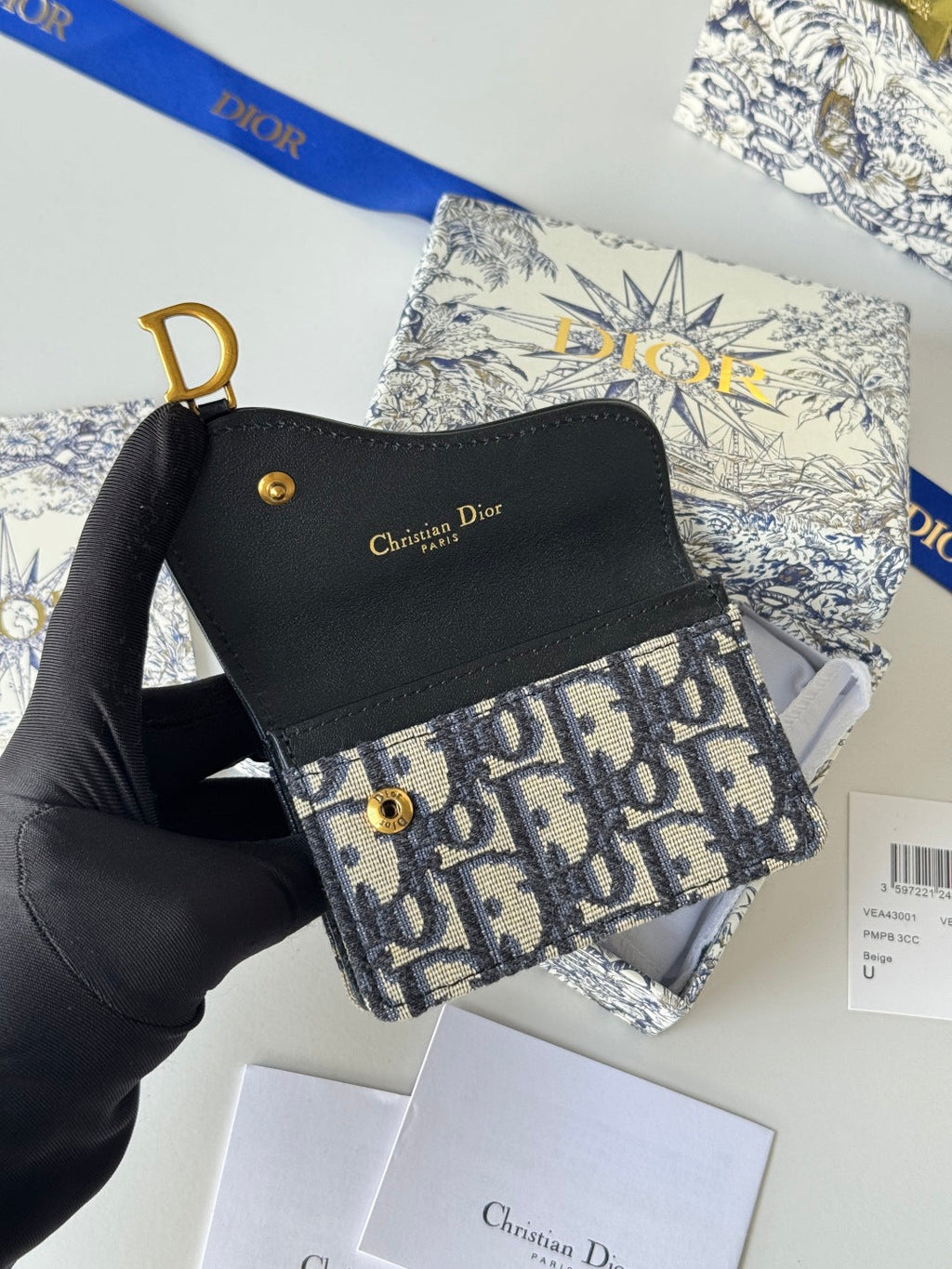 DIOR 25S SADDLE JASMINE GUSSET CARD HOLDER 10 IN BLUE BLACK OBLIQUE JACQUARD CANVAS AND CALFSKIN