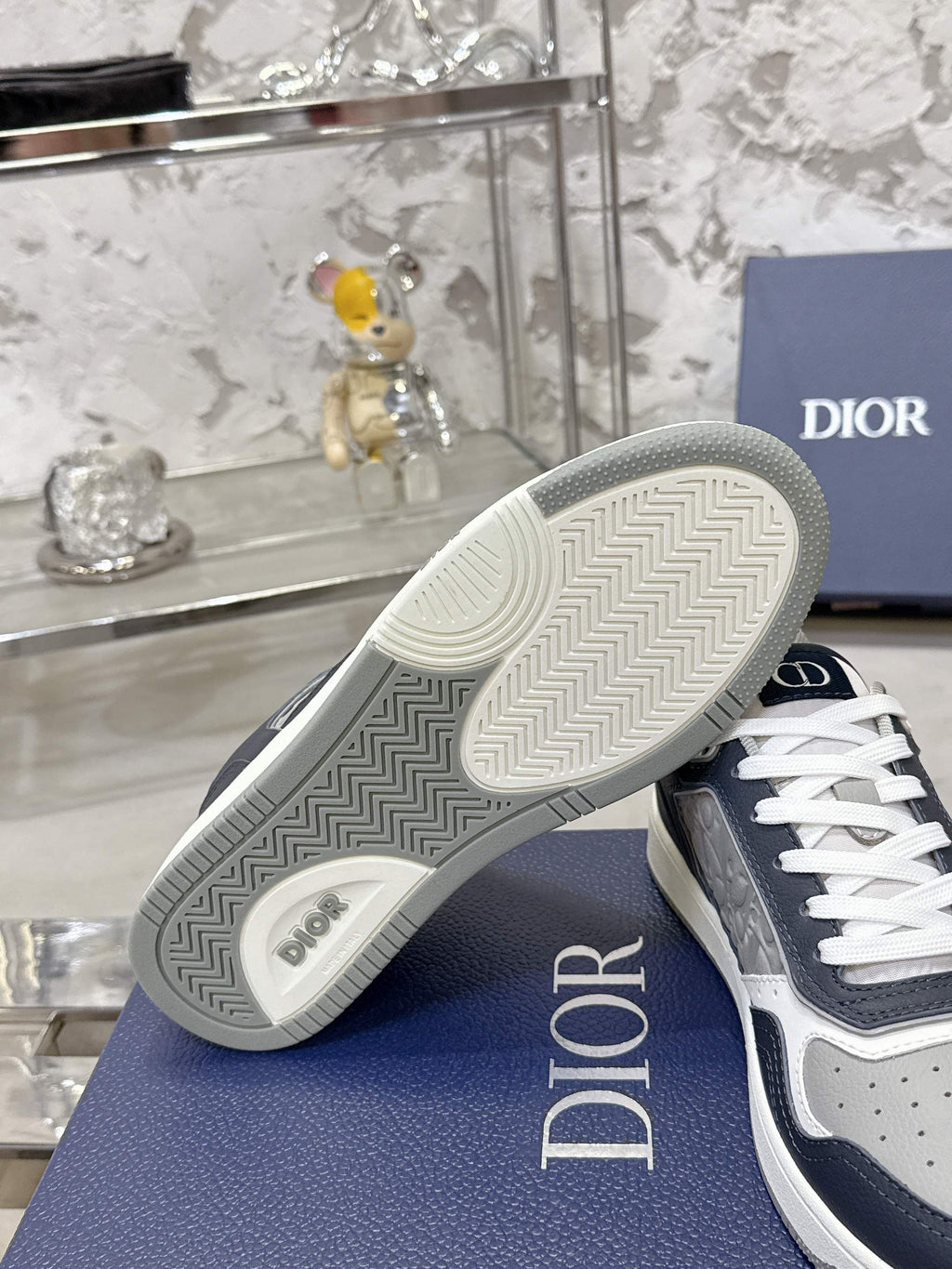 DIOR 25S B27 UPTOWN LOW-TOP SNEAKERS IN DARK BLUE MIX GREY CALFSKIN STYLE 2