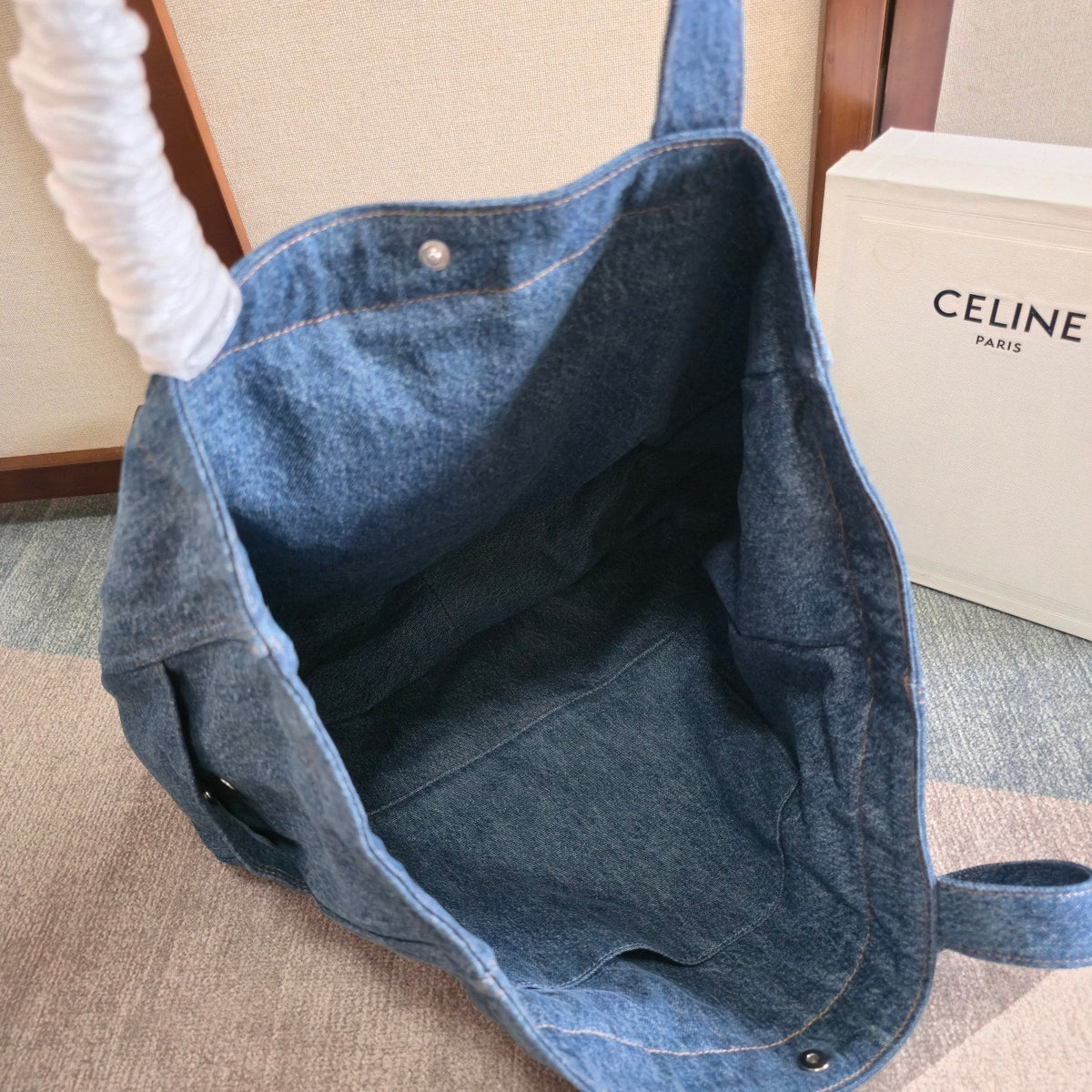 CELINE 25S DENIM CABAS BAG 50MM IN BLUE CANVAS
