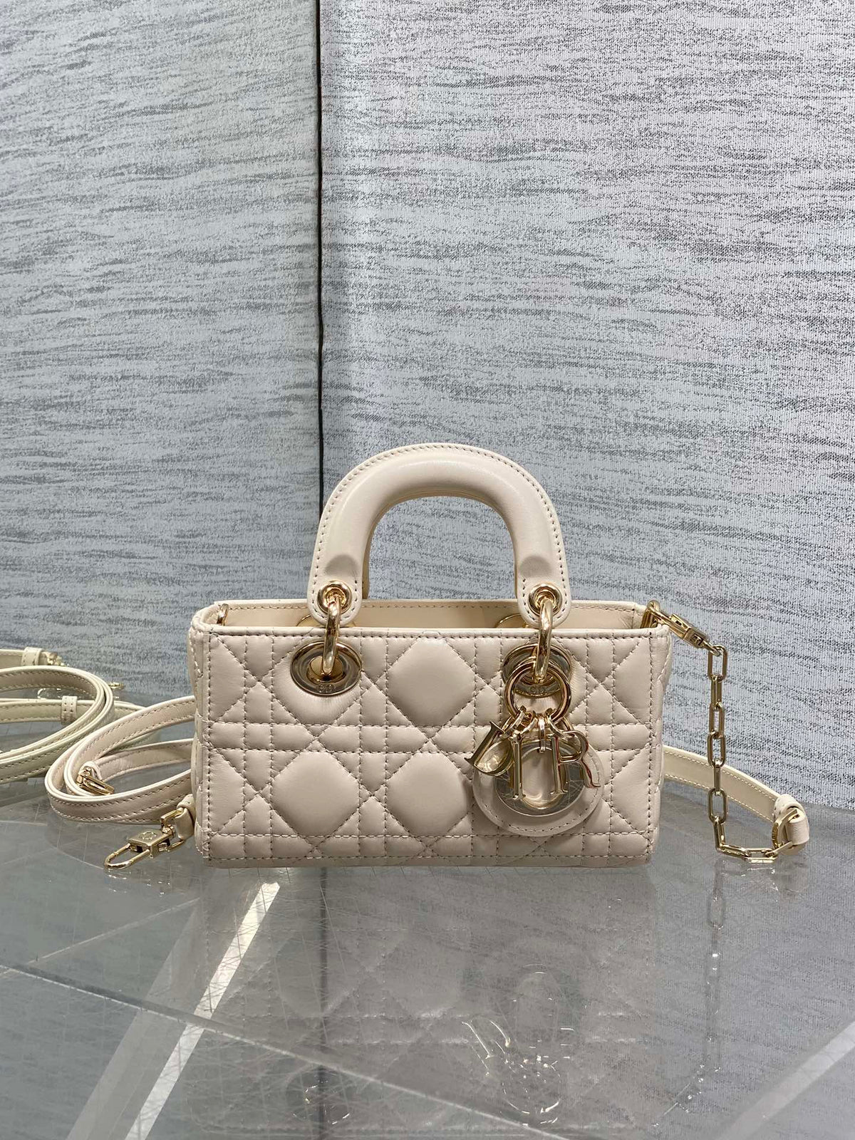 DIOR 25S MICRO LADY D-JOY 16 IN BEIGE LAMBSKIN GOLD HARDWRE