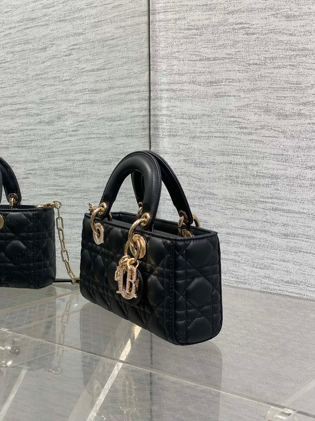 DIOR 25S SMALL LADY D鈥慗OY BAG 22 IN BLACK CALFSKIN GOLD HARDWRE