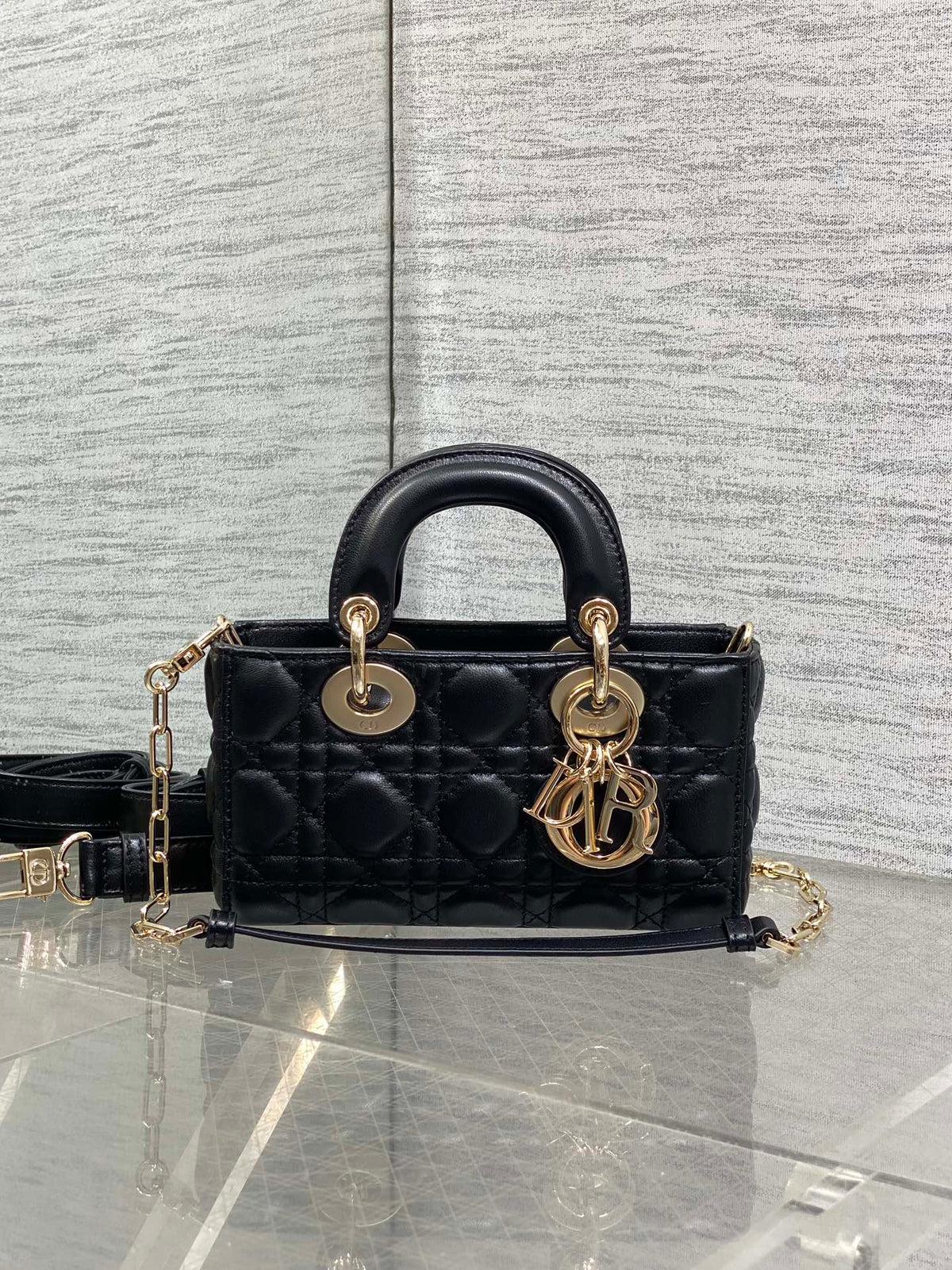 DIOR 25S MICRO LADY D-JOY 19 IN BLACK CALFSKIN GOLD HARDWRE