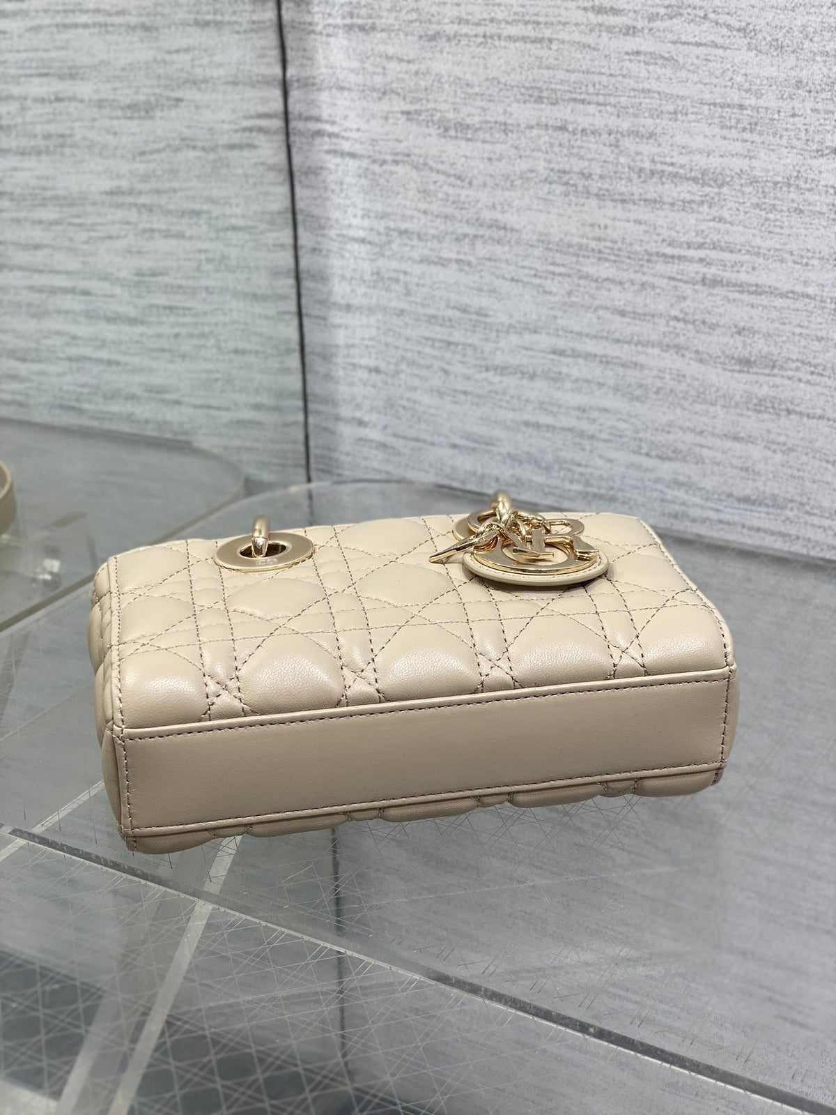 DIOR 25S MICRO LADY D-JOY 19 IN POWDER BEIGE CALFSKIN GOLD HARDWARE