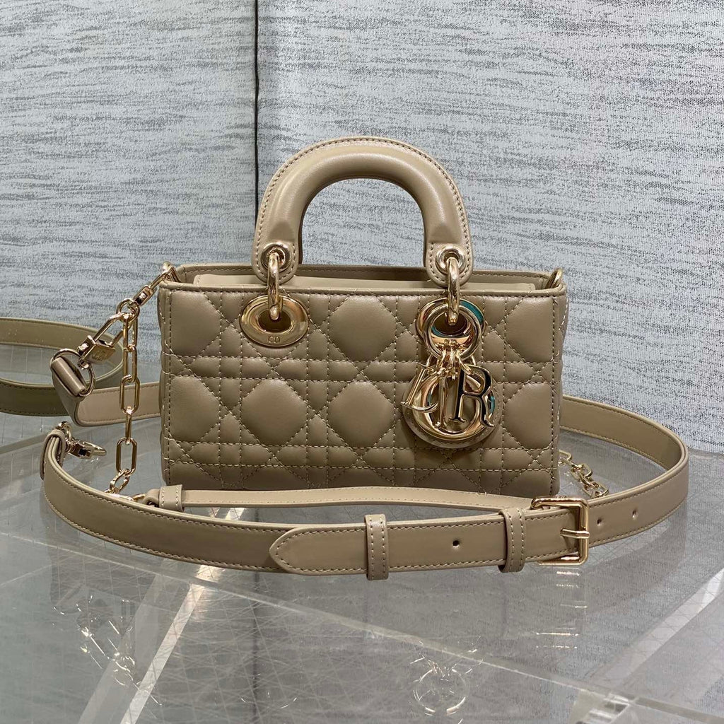 DIOR 25S SMALL LADY D鈥慗OY BAG 19 IN DARK BEIGE CANNAGE CALFSKIN GOLD HARDWRE