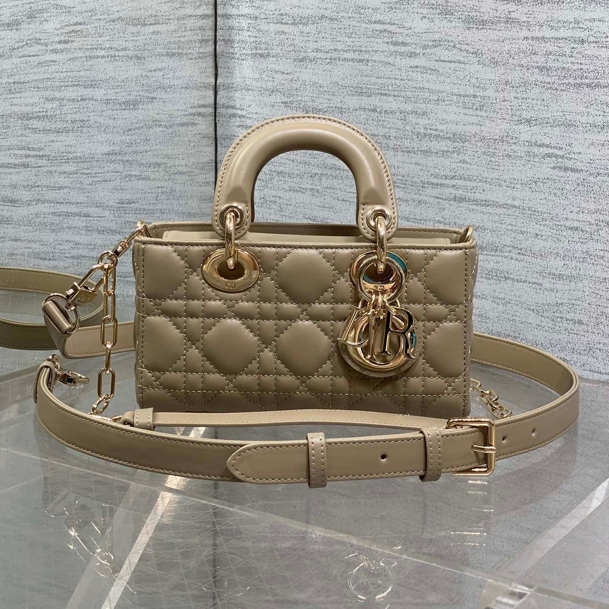 DIOR 25S SMALL LADY D鈥慗OY BAG 19 IN DARK BEIGE CANNAGE CALFSKIN GOLD HARDWRE