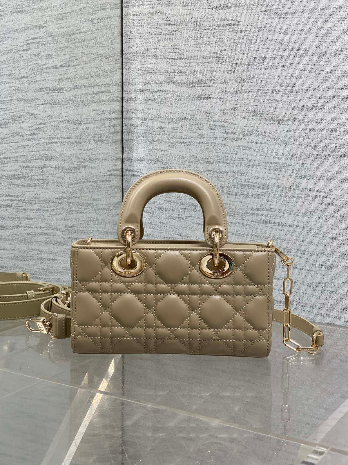 DIOR 25S SMALL LADY D鈥慗OY BAG 19 IN DARK BEIGE CANNAGE CALFSKIN GOLD HARDWRE