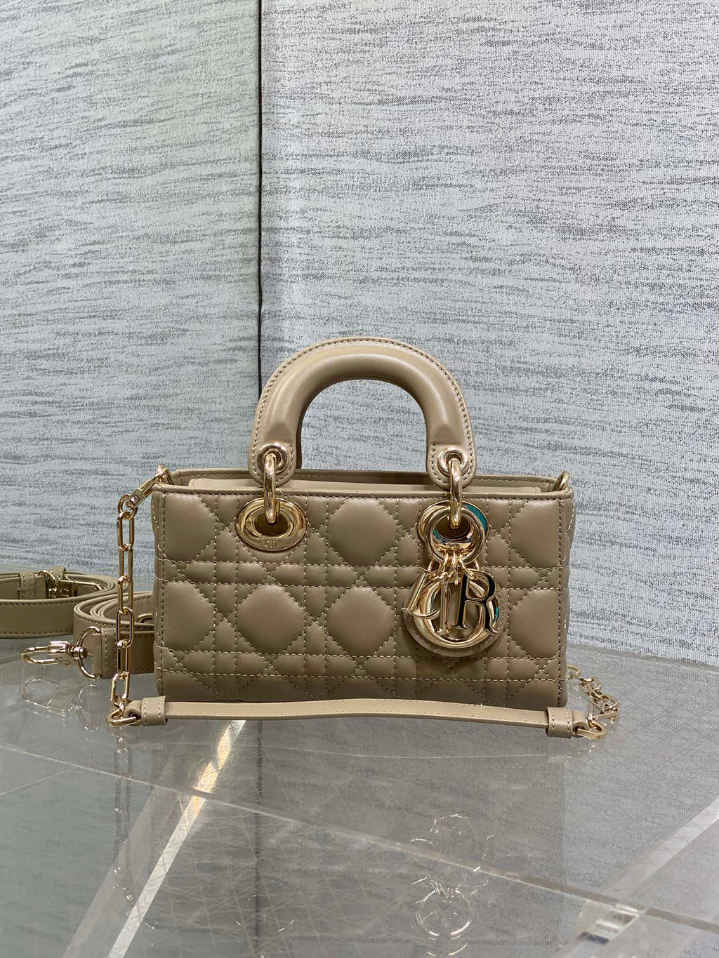 DIOR 25S SMALL LADY D鈥慗OY BAG 19 IN DARK BEIGE CANNAGE CALFSKIN GOLD HARDWARE