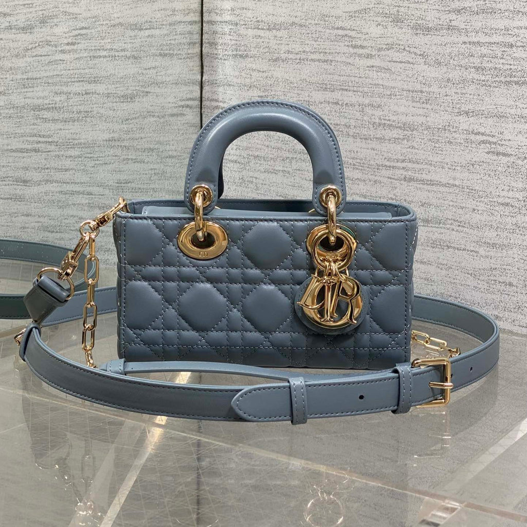 DIOR 25S SMALL LADY D鈥慗OY BAG 19 IN STEEL BLUE GRAY CANNAGE CALFSKIN GOLD HARDWRE