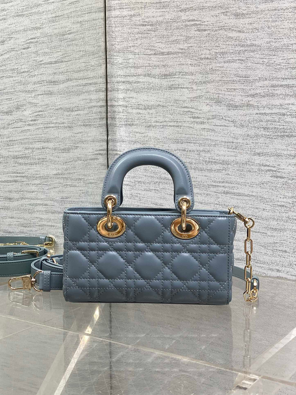 DIOR 25S SMALL LADY D鈥慗OY BAG 19 IN STEEL BLUE GRAY CANNAGE CALFSKIN GOLD HARDWRE
