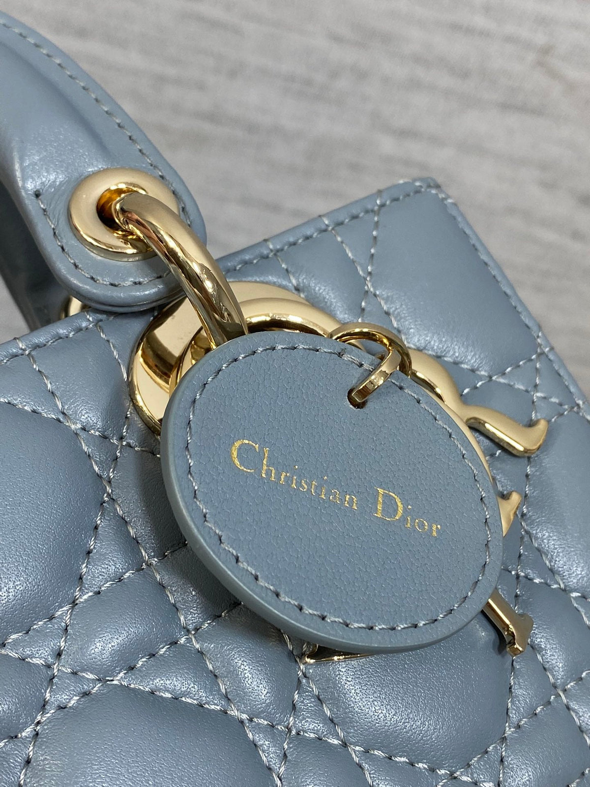DIOR 25S SMALL LADY D鈥慗OY BAG 19 IN STEEL BLUE GRAY CANNAGE CALFSKIN GOLD HARDWRE