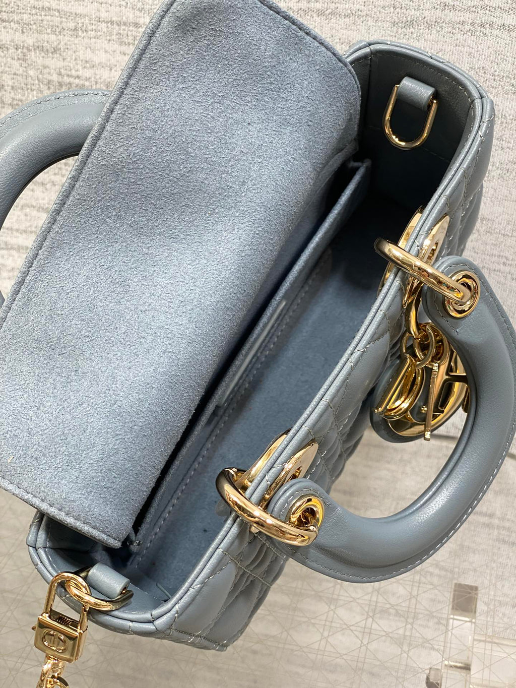 DIOR 25S SMALL LADY D鈥慗OY BAG 19 IN STEEL BLUE GRAY CANNAGE CALFSKIN GOLD HARDWRE