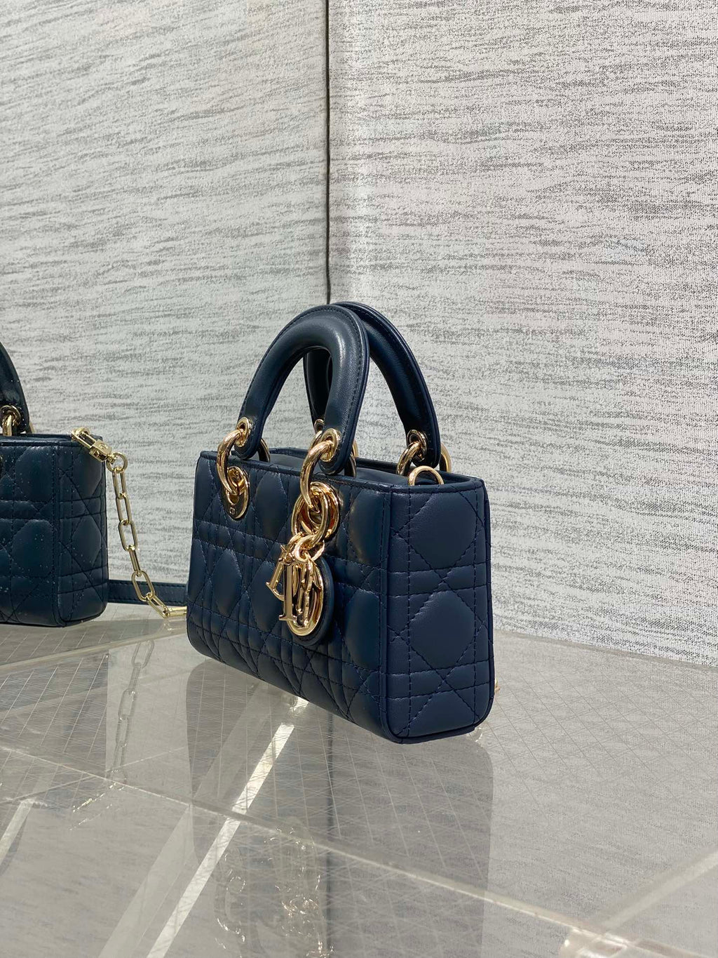 DIOR 25S SMALL LADY D鈥慗OY BAG 19 IN DARK BLUE CANNAGE CALFSKIN GOLD HARDWRE