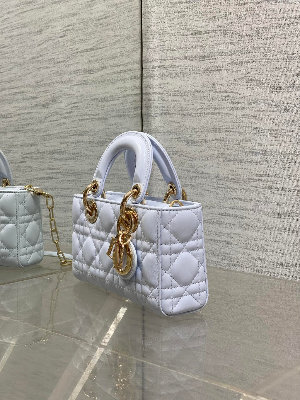 DIOR 25S SMALL LADY D鈥慗OY BAG 19 IN LIGHT BLUE CANNAGE CALFSKIN GOLD HARDWRE