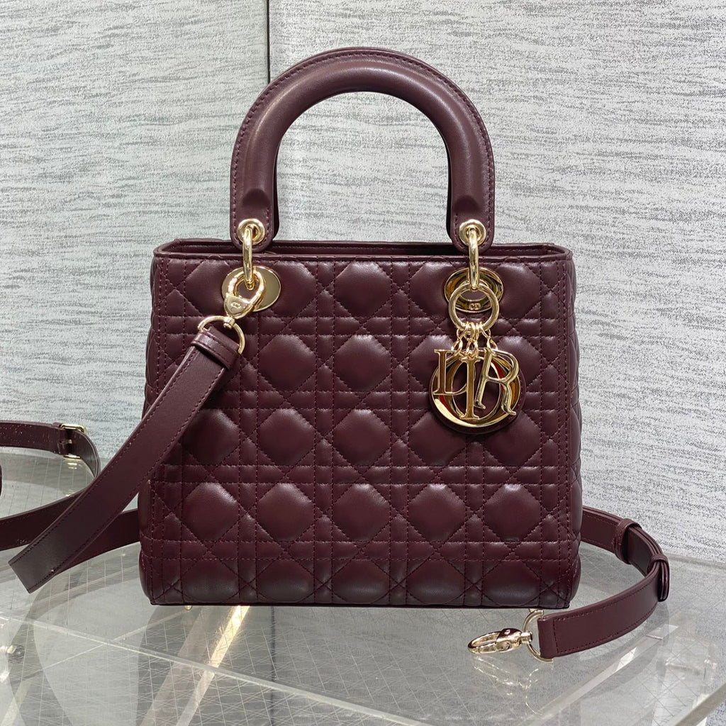 DIOR 25S MEDIUM LADY BAG 24 IN BURGUNDY CALFSKIN GOLD HARDWRE
