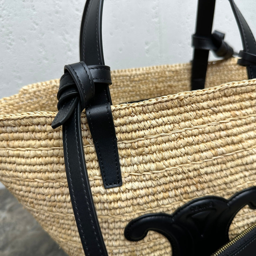 CELINE 25S TEEN BAG 22 IN NATURAL MIX BLACK RAFFIA CALFSKIN SHOULDER STRAP