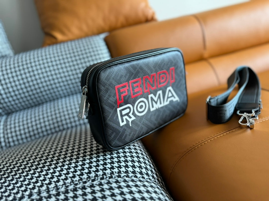CLUTCH 22 WITH FF MOTIF IN DARK GRAY TEXTURED FABRIC AND BLACK LAMBSKIN TRIM