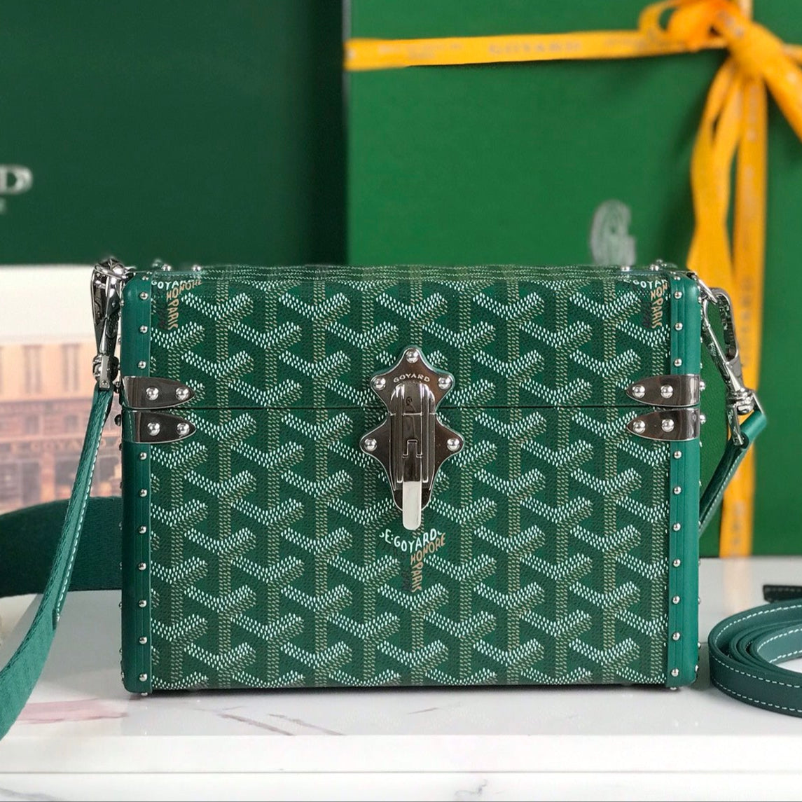 CASSETTE TRUNK BAG 21 IN GREEN GOYARDINE CANVAS & CLAMECY COWHIDE