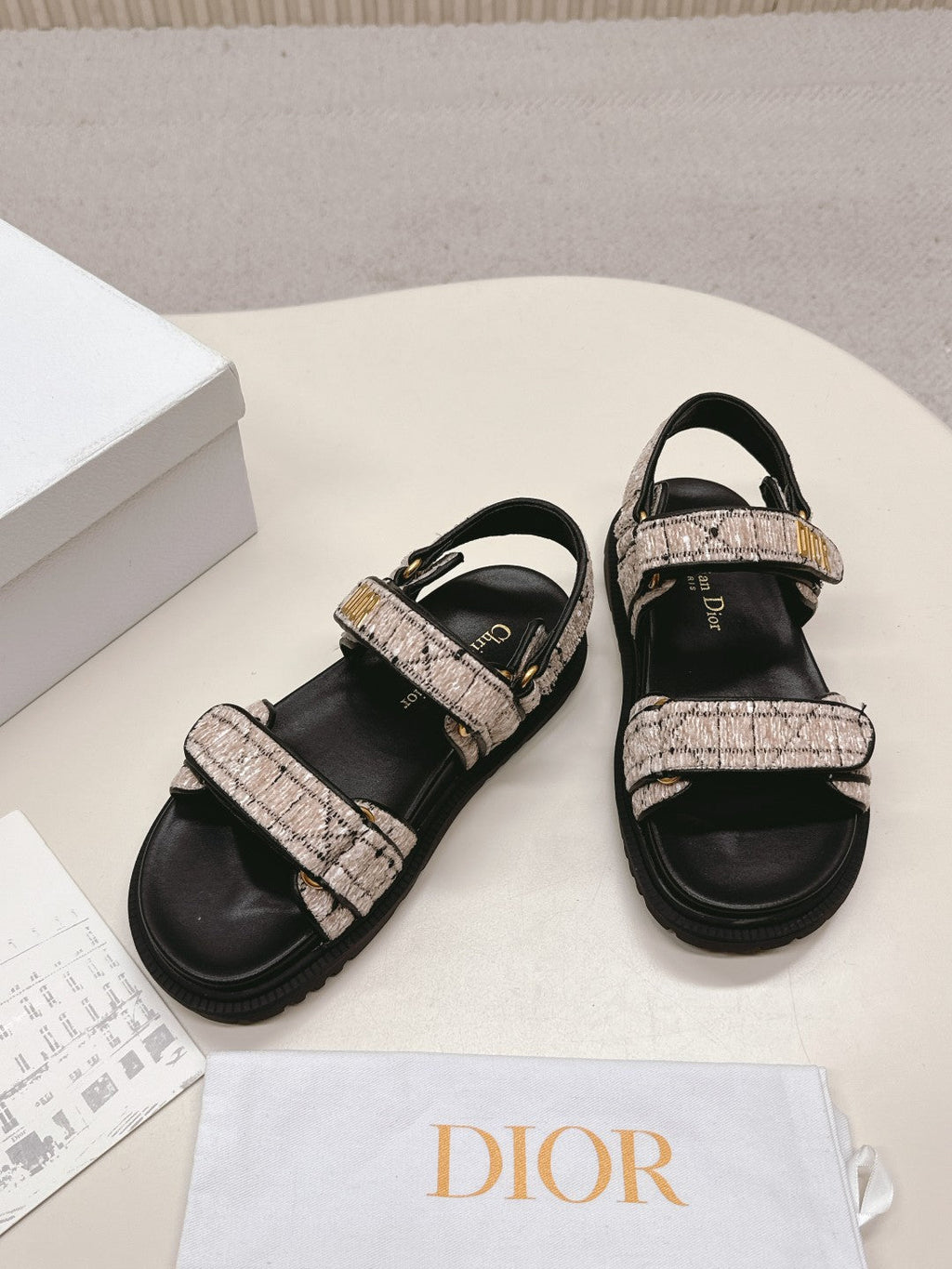 DIOR BACK-STRAP SANDALS 25S IN SOFT ROSE BEIGE TWEED AND BLACK CALFSKIN