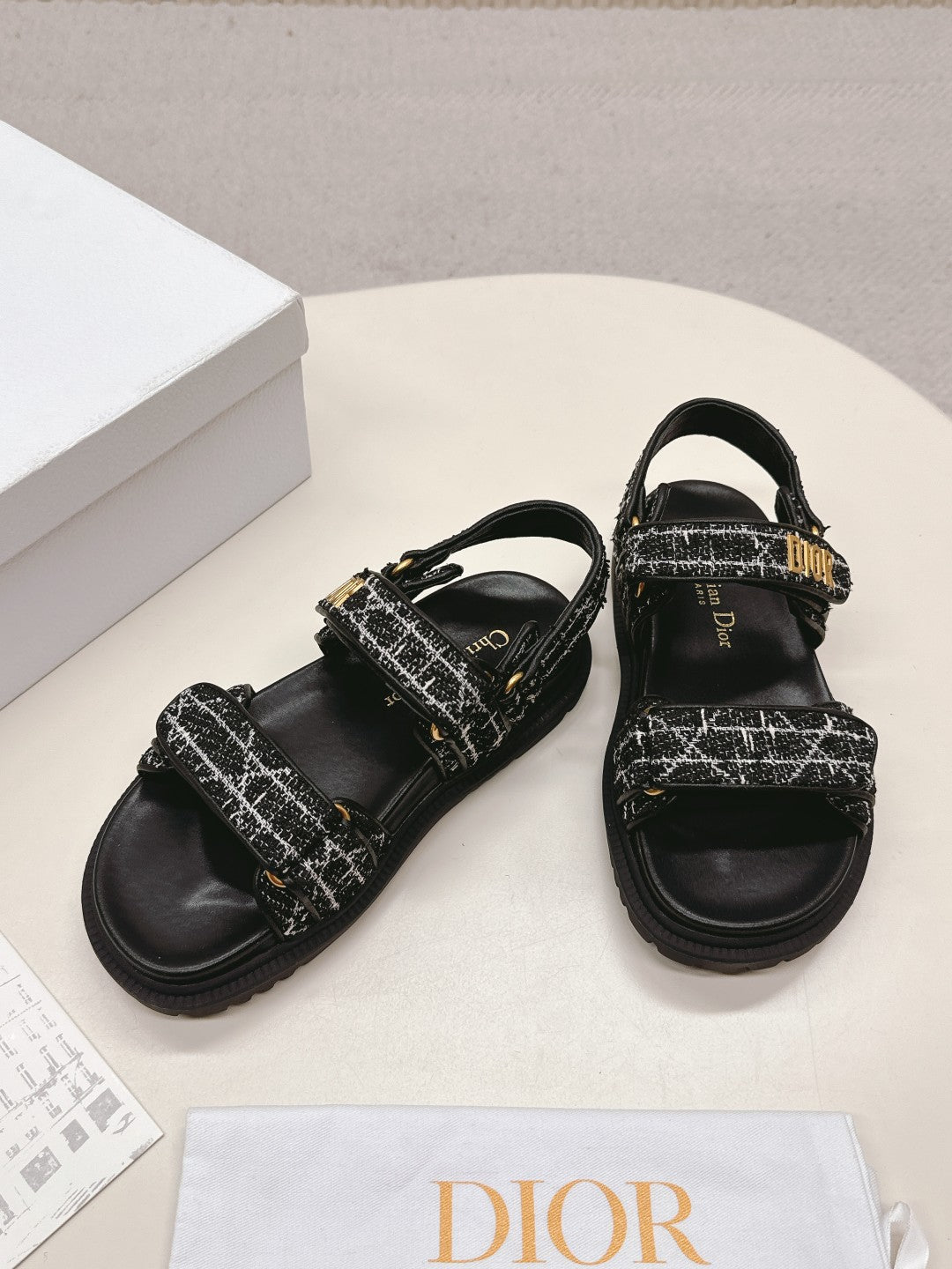 DIOR BACK-STRAP SANDALS 25S IN BLACK TWEED AND CALFSKIN