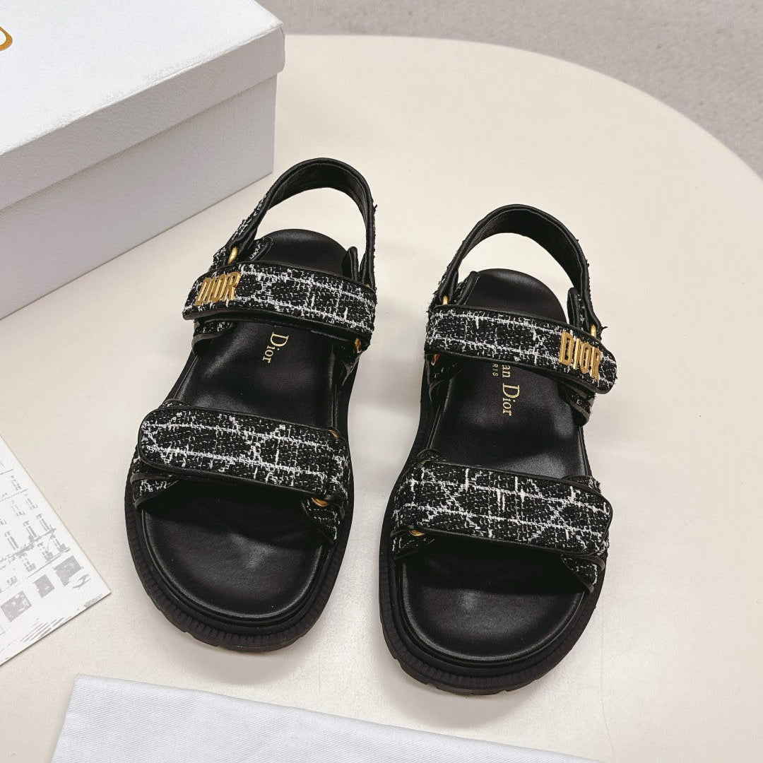 DIOR BACK-STRAP SANDALS 25S IN BLACK TWEED AND CALFSKIN