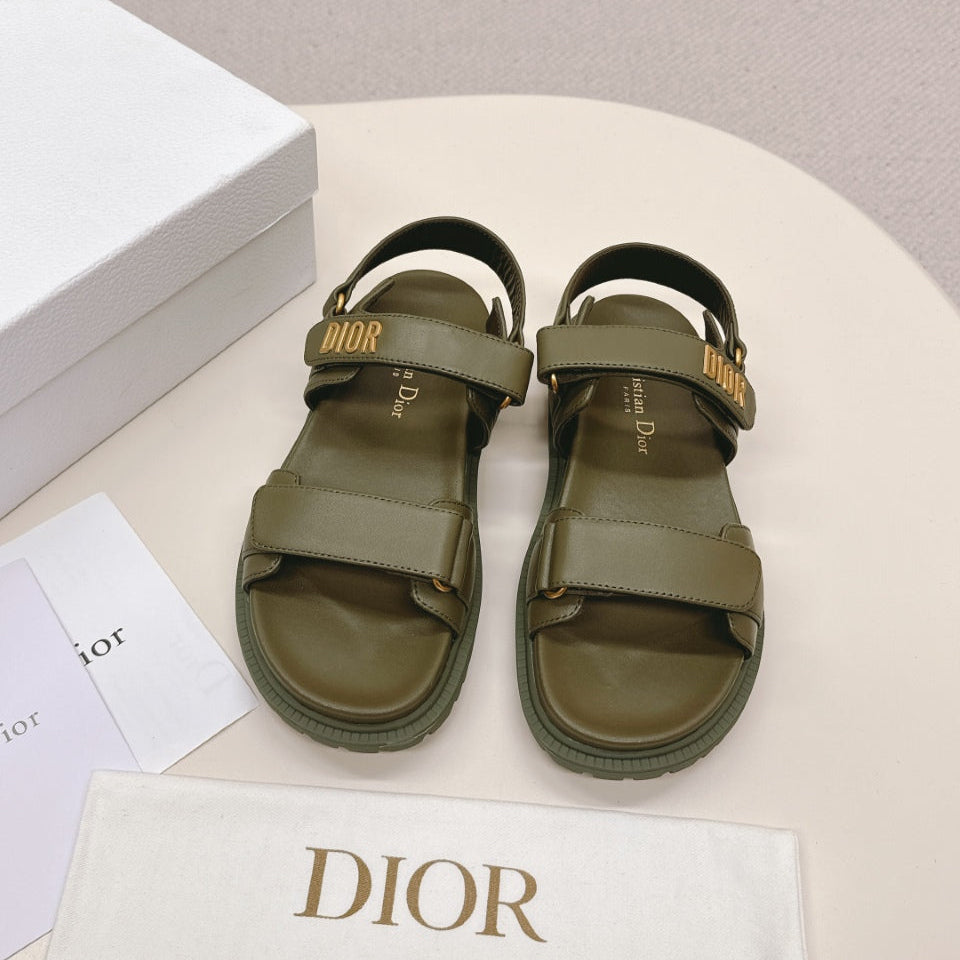 DIOR BACK-STRAP SANDALS 25S IN MOSS GREEN CALFSKIN WITH GOLD HARDWARE