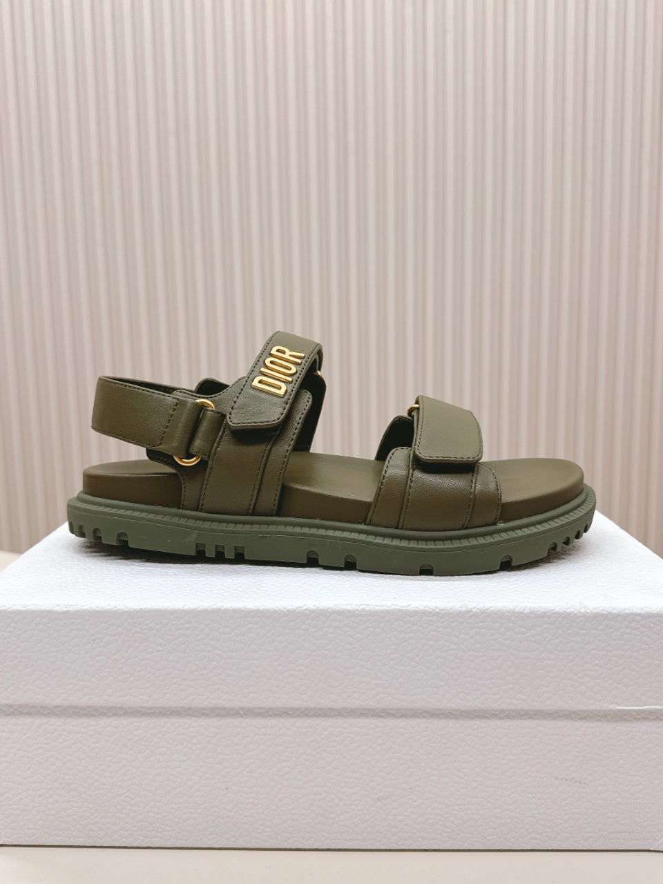 DIOR BACK-STRAP SANDALS 25S IN MOSS GREEN CALFSKIN WITH GOLD HARDWARE