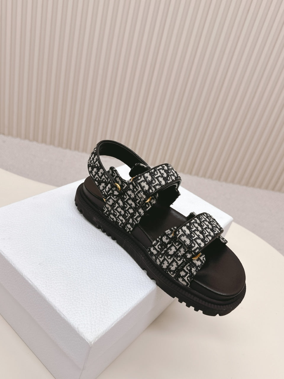 DIOR BACK-STRAP SANDALS 25S IN BLACK FABRIC AND CALFSKIN WITH GOLD HARDWARE
