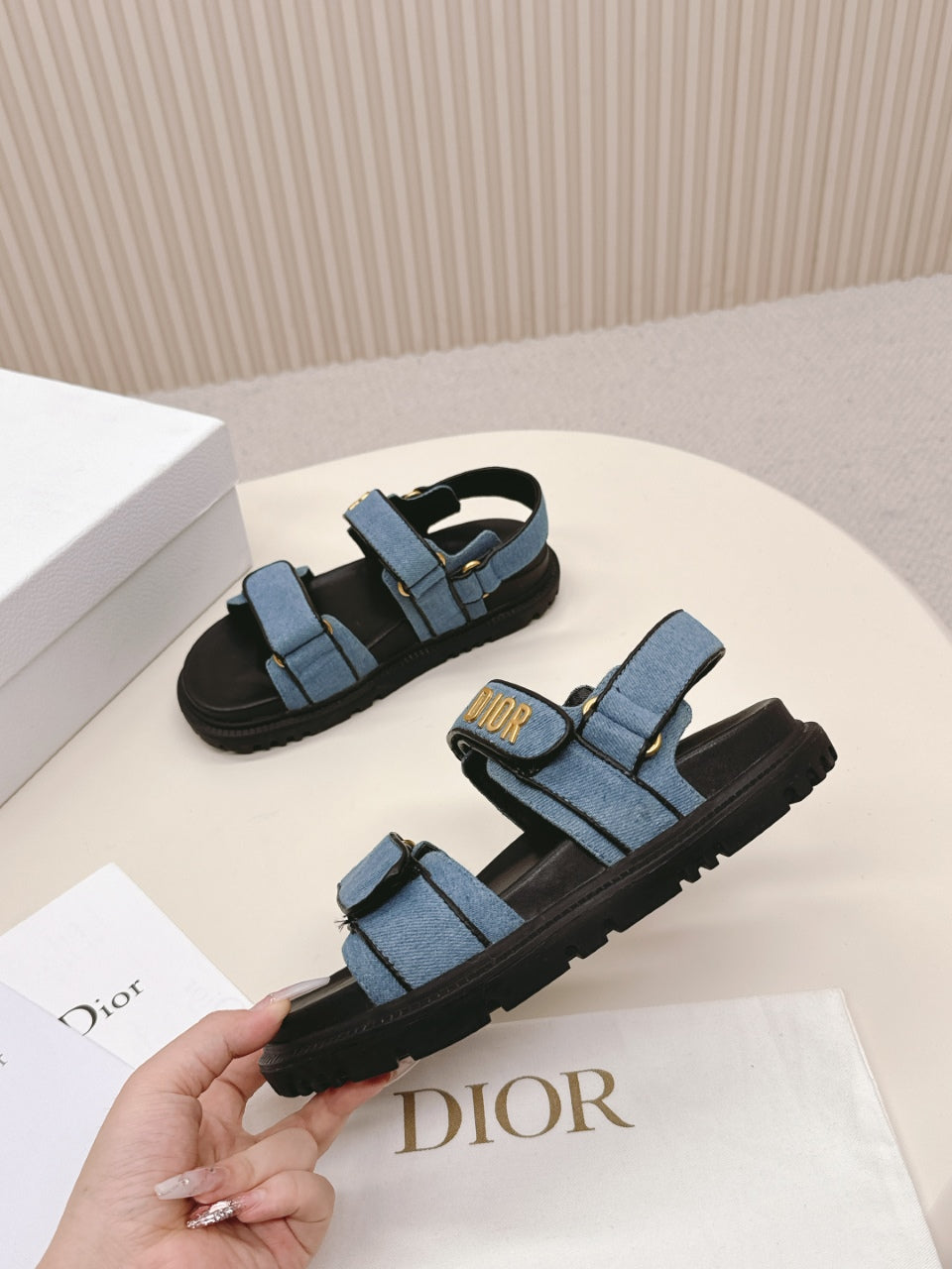 DIOR BACK-STRAP SANDALS 25S IN BLUE DENIM AND BLACK CALFSKIN WITH GOLD HARDWARE