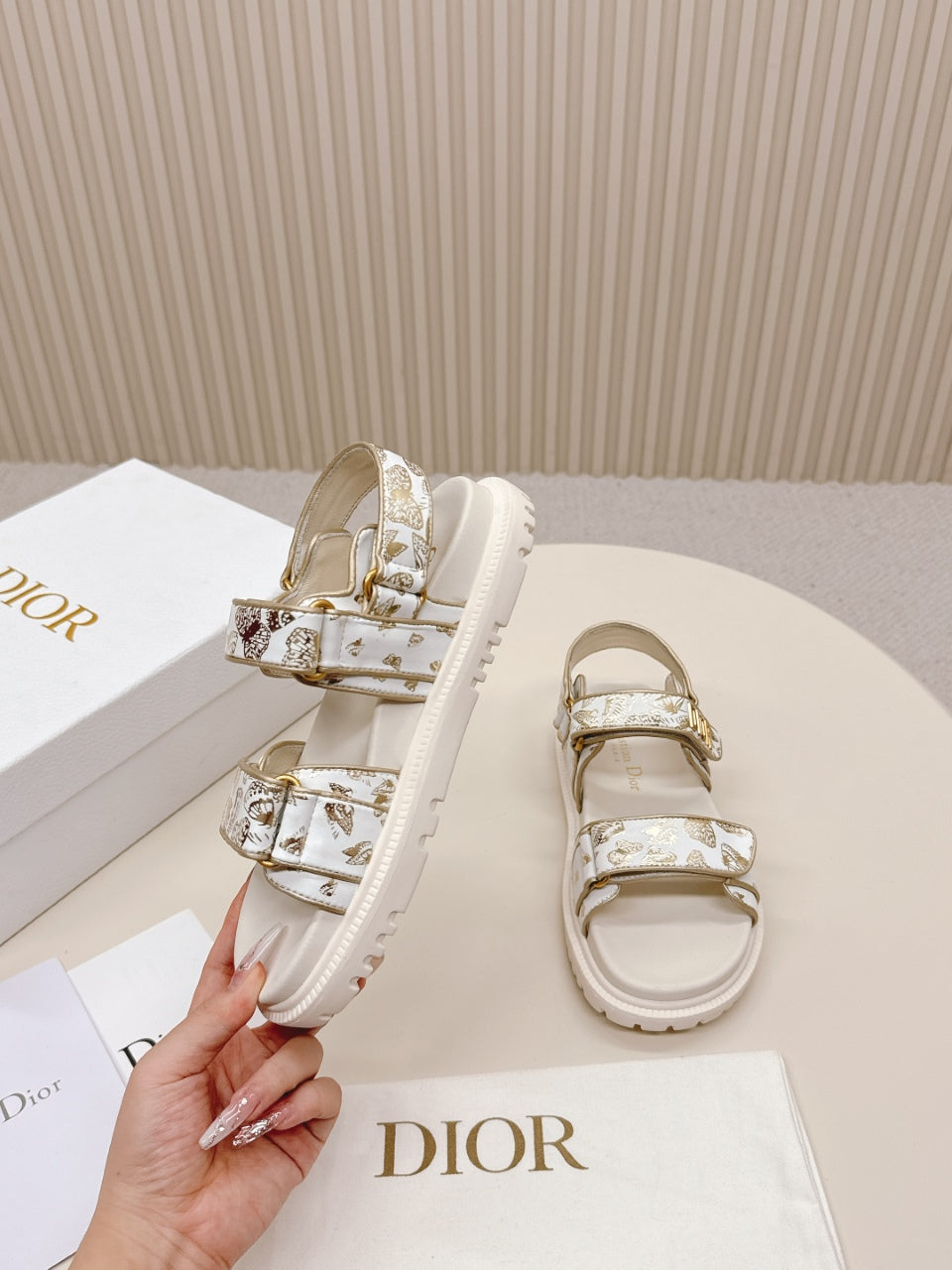 DIOR BACK-STRAP SANDALS 25S IN CREAM WHITE AND GOLD CALFSKIN WITH BUTTERFLY MOTIF