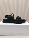 DIOR BACK-STRAP SANDALS 25S IN MIDNIGHT BLUE FABRIC AND BLACK CALFSKIN WITH GOLD HARDWARE