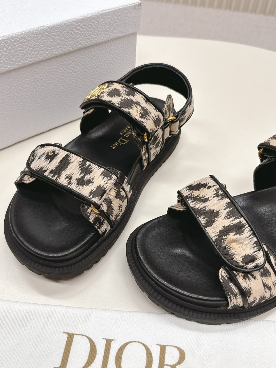 DIOR BACK-STRAP SANDALS 25S IN BLACK MIX LEOPARD PRINT FABRIC AND CALFSKIN WITH GOLD HARDWARE