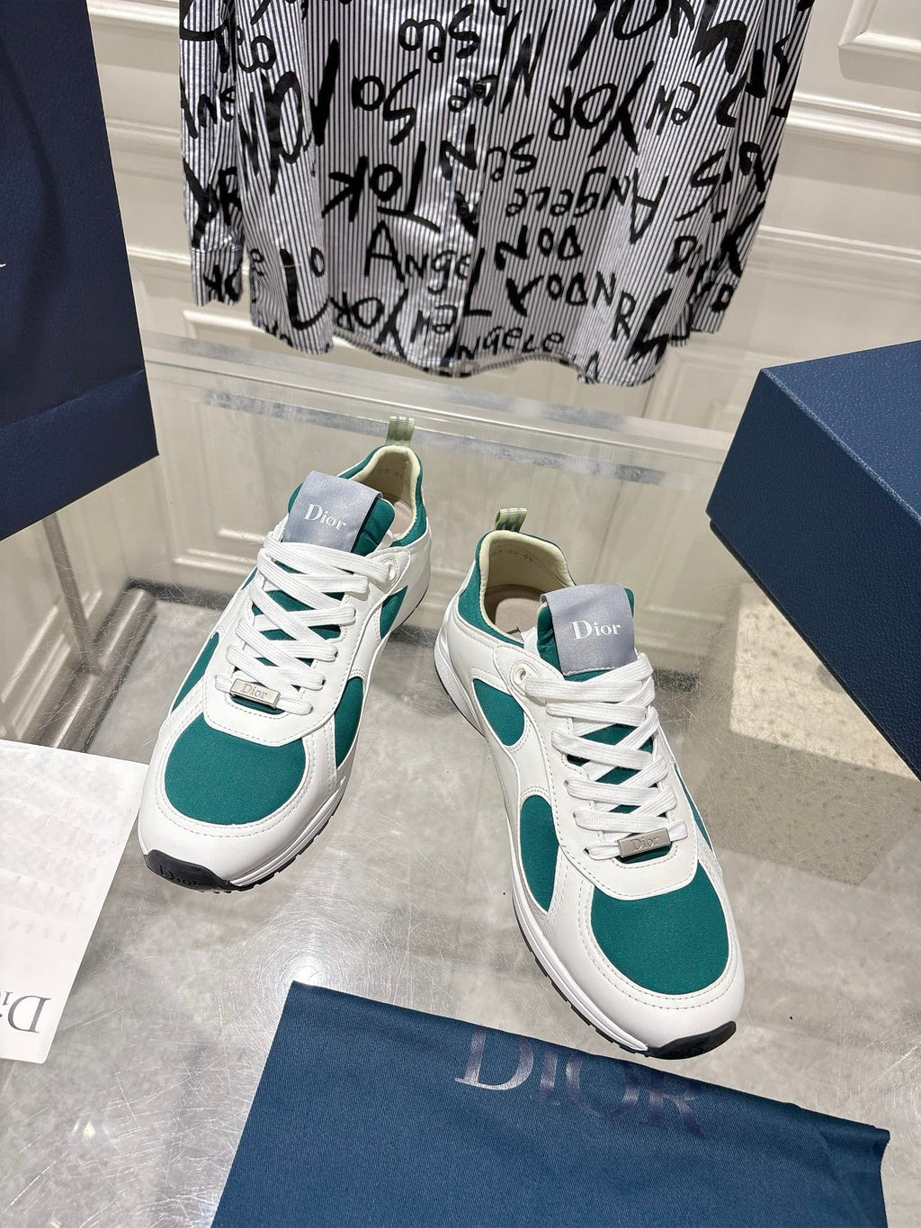 DIOR 25S MILE SERIES SNEAKERS 25MM IN WHITE DARK TEAL CALFSKIN
