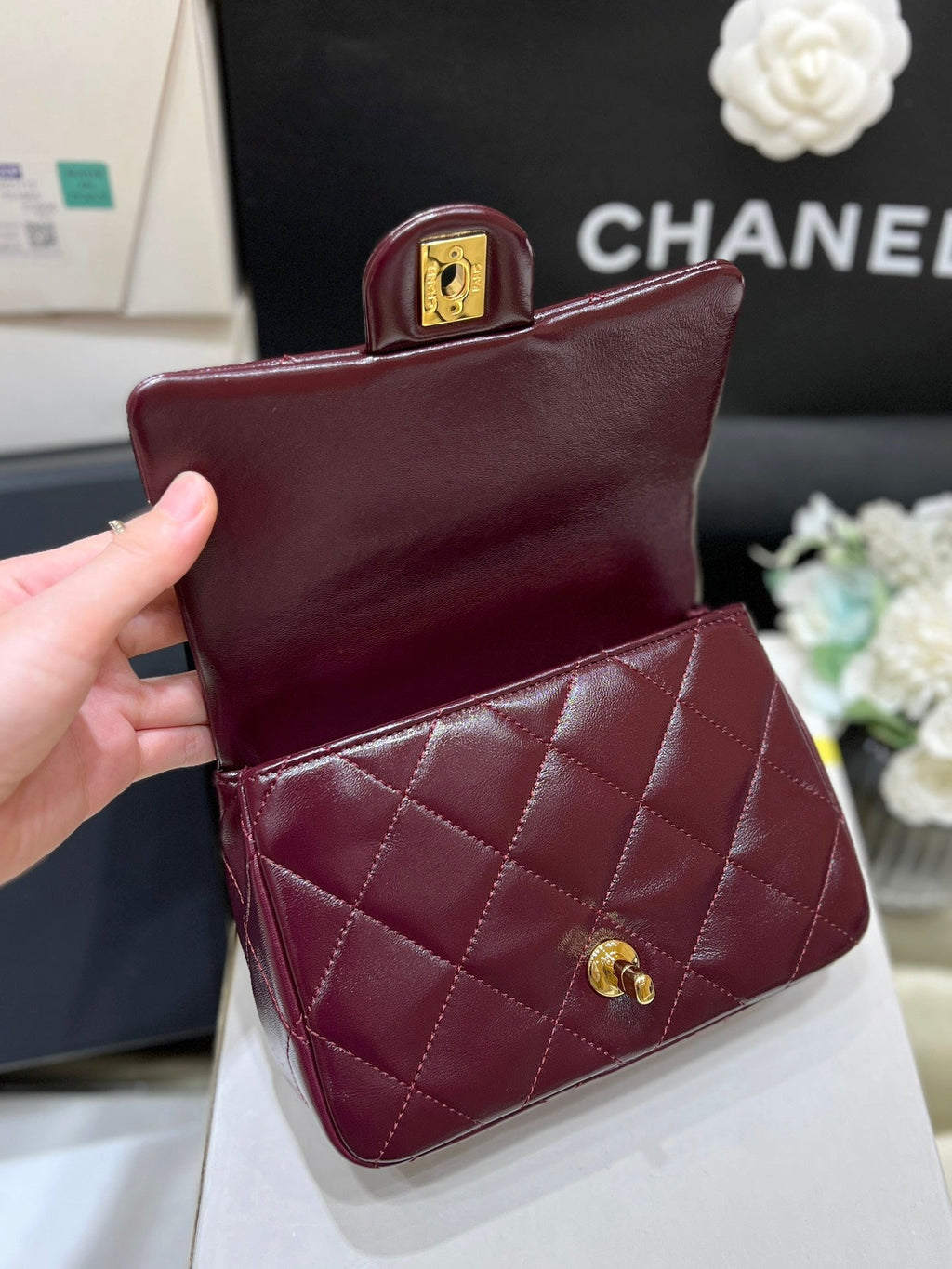 CHANEL TOP HANDLE 19 IN WINE RED LAMBSKIN GOLD HARDWARE